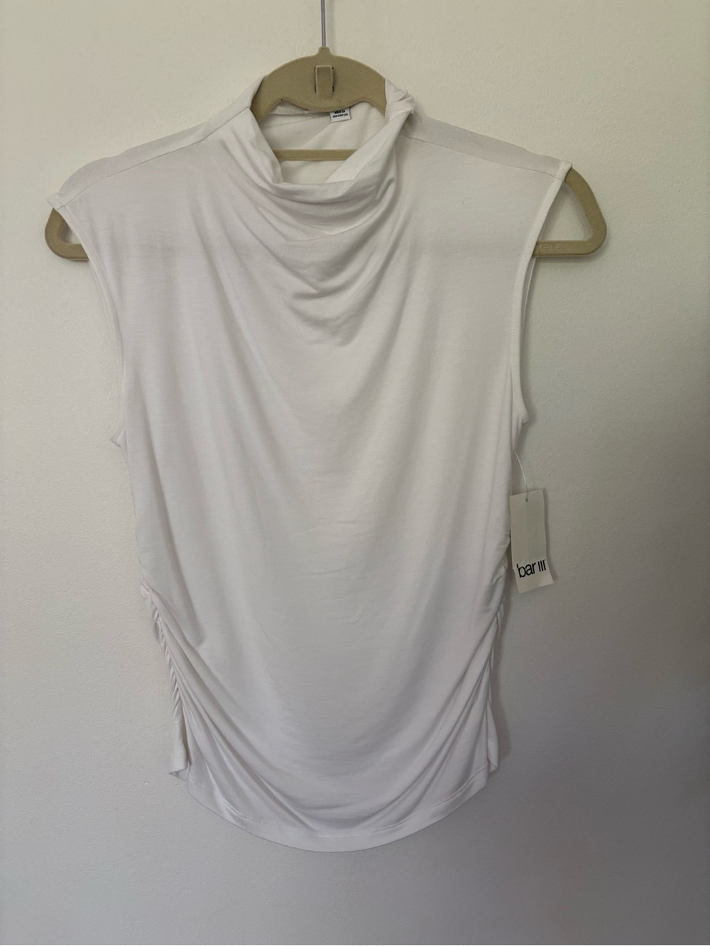 Bar III White Sleeveless Draped Mock Neck Tank